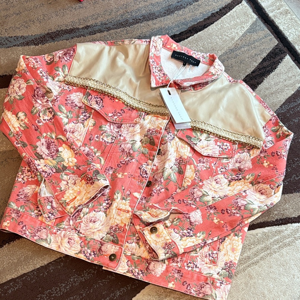 Endless Rose Floral Jean Jacket with Beige Accents